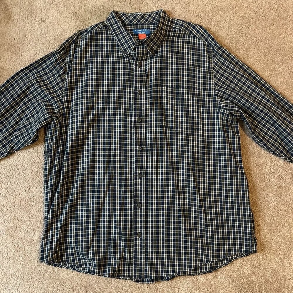 Puritan Men’s Lightweight Green‎ and Navy Plaid Button Up XXL